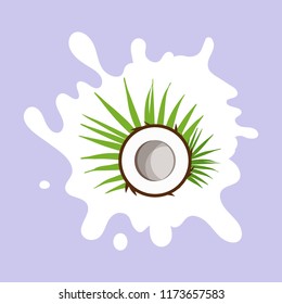 Coconut milk. Coconut on a milk splash. Flat design style. Vector illustration.