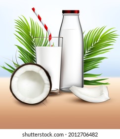 Coconut Milk Organic Drink And Palm Branch Vector. Bio Coconut Milky Beverage Glass With Straw, Cracked Nut, Green Leaves And Bottle Package. Coco Drinking Product Template Realistic 3d Illustration