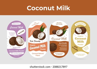 Coconut milk oval label set with place for text vector flat illustration. Collection vegetarian drink emblem for healthy nutrition isolated. Beverage product gluten soy free, keto friendly, non gmo