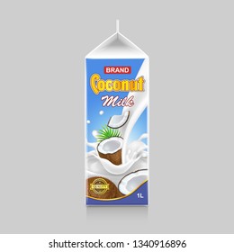 Coconut milk package design. White package carton box coconut drink beverage vector illustration.