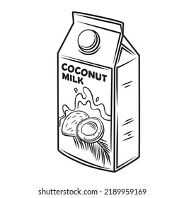 Coconut milk package outline icon vector illustration. Hand drawn black line organic tropical coconut drink in packaging with lid and label, plant milk product for cooking dishes of vegan diet