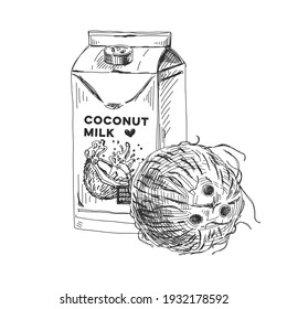 Coconut milk package, retro hand drawn vector illustration. Natural organic coco juice, sketch vintage engraving isolated on white background.