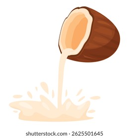 Coconut milk pouring from a cracked coconut making a splash on a white background