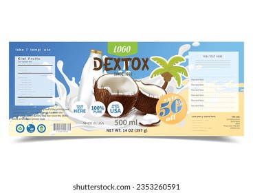 Diseño de etiquetas de productos de leche de coco.Plantilla de banner publicitario de productos lácteos.Diseño moderno de embalajes de batidos, concepto de comida y bebida,Plantilla de diseño de publicidad.Diseño de vectores dibujado a mano de calidad al 100%.