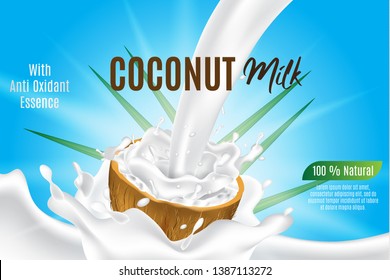 coconut milk for product and package, 3d realistic coconut splash on coconut slice vector