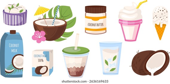 Coconut milk products, drink, dessert, organic tropical eating, cartoon set vector illustration. Vegetarian butter, ice cream, shakes, and fresh nuts. Healthy food, natural nutrition icon clip art