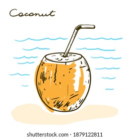 coconut milk. refreshing drinks on the beach. color vector illustration
