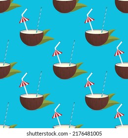 Coconut milk seamless pattern background with cocktail glasses and blue hawaii background, CMYK color EPS flie.