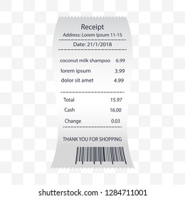 coconut milk shampoo receipt printed, paper financial check. vector illustration