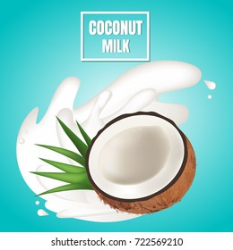 Coconut milk with milk splash. 3d realistic vector design. Blue background.