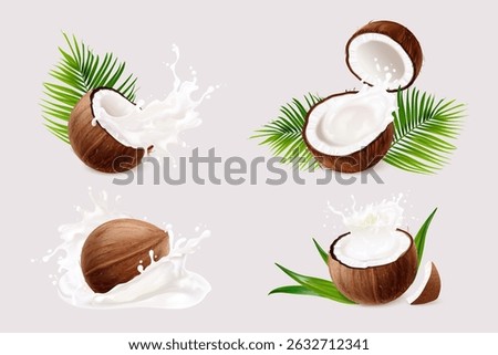 Coconut milk splash. 3d realistic coco oil cream splashes, tropical fruit yogurt drink liquid drop cosmetic concept with palm leaves natural yoghurt, exact vector illustration