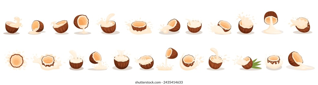 Coconut milk splash icons set cartoon vector. Fresh cooking. Food beverage drink