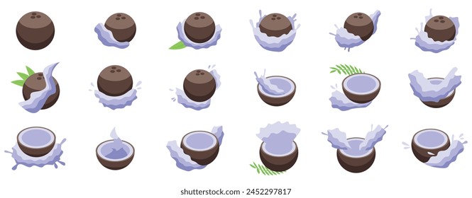 Coconut milk splash icons set isometric vector. Fresh cooking. Food beverage