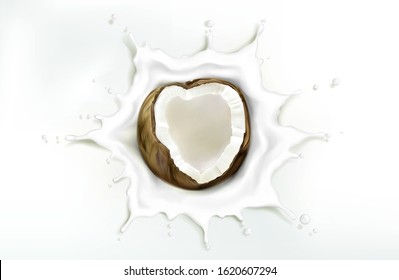 Coconut in milk splash isolated on white background. Vector illustration of 3d realistic tropical fruit in liquid splash of oil, cream or yogurt. Exotic food or natural cosmetic concept