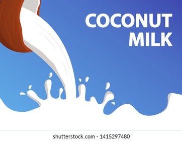 Coconut in a milk splash on blue background.Non dairy vegan food and drink.Horizontal banner flat illustration vector.