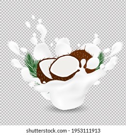 Coconut in a milk splash on a transparent background.