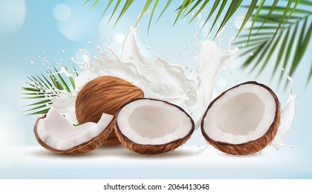 Coconut milk splash and palm leaves, vector bokeh background. Cracked coconut nuts on milk splash with tropical exotic blue bokeh background for food sweets, spa cosmetics or cream packaging