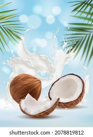 La leche de coco salpicada y las hojas de palma cubren el fondo. Coco vectorial realista con pulpa blanca suave y salpicado líquido con fondo desenfocado con ramas de plantas tropicales. Producto natural orgánico