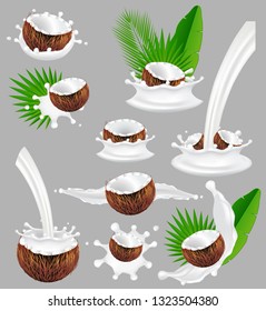 Coconut milk splash set. Vector realistic illustration. Coconut fruit and vegan milk splashing, pouring, palm leaves. Healthy nutrition.