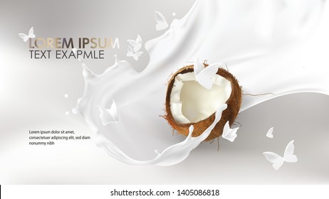 Coconut milk splash swirl realistic vector background. White liquid organic milk on blurred background with white silhouettes of flying butterflies, packaging design element for cosmetics and food