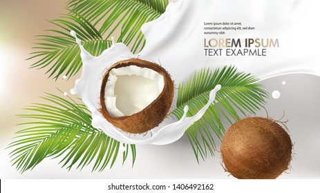 Coconut milk splash swirl realistic vector background. White liquid organic milk on background of tropical cracked and whole coconut with creamy texture and green palm leaves, vegan drink design pack