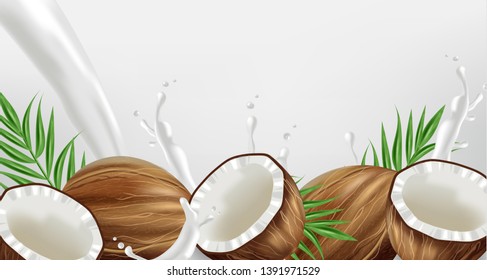 Coconut in milk splash Vector realistic. template tropic exotic background. Fruit yogurt or milk layouts