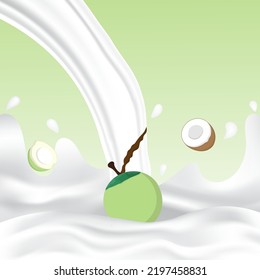 Coconut milk splash with white splashing liquid. Pouring coconut milk on green background. Fruit drink and organic dairy free vegan milk. Creative design vector illustration with empty space.