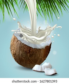 Coconut milk is splashed with sprinkles of coconut. Highly realistic illustration.