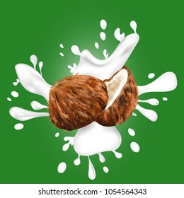 Coconut with milk splashes on a green background