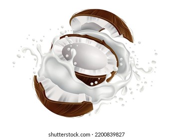 Coconut in milk splashes. Realistic flying pieces and half coconut, yogurt creamy drops, white liquid in motion and drops, dairy drink isolated composition, dry food, utter vector 3d concept