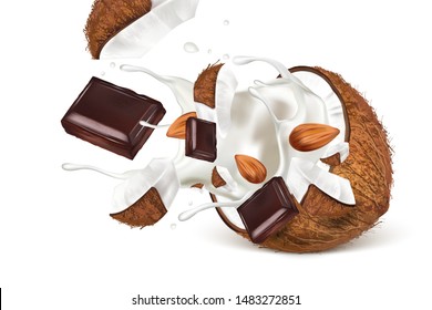 Coconut and milk splashing with chocolate, almonds isolated on white background. Realistic vector in 3D illustration.