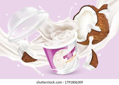 Coconut milk splashing with glass of milk isolated on solid color background. Realistic vector in 3D elements.