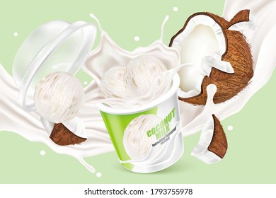 Coconut milk splashing with glass of milk isolated on solid color background. Realistic vector in 3D elements.