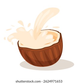 Coconut milk is splashing into a coconut half