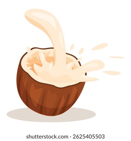 Coconut milk splashing into half of coconut, illustration on white background