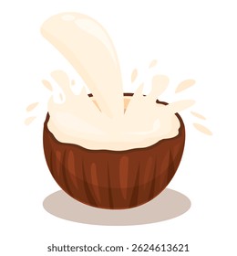 Coconut milk is splashing into a coconut shell creating a refreshing tropical drink