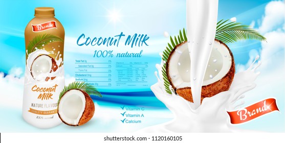 Coconut Milk With Splashing Liquid And Pieces Isolated On Blue Abstract Background With Cloud. Advertisment Design Template. Vector