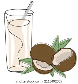 Coconut milk. Trendy vector illustration of fruit and juice in minimalist line art style.