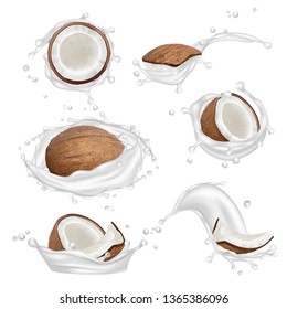 Coconut milk. Tropical fresh plant aromatic nuts and fruits yogurt splashes vector realistic collection. Natural coco nut with milk, coconut fruit illustration