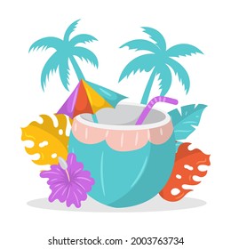 Coconut milk with tropical leaves, flower  and coconut trees, Simple flat design Summer badges 