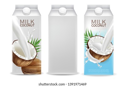 Coconut milk Vector realistic mock up. Milk splash label design. Product packaging 3d detailed containers