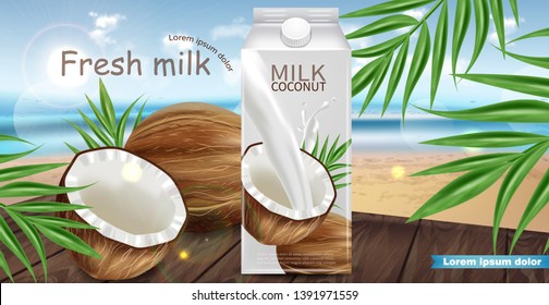 Coconut milk Vector realistic mock up. Milk splash label design. Tropic background. Product packaging 3d detailed containers