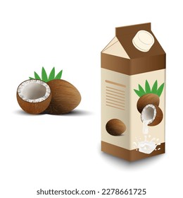 Coconut milk Vector realistic mock up. Milk splash label design. Tropic background. Product packaging 3d detailed containers - vector illustration.