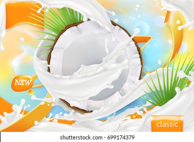 Coconut Milk. White Cream Splash. 3d Realistic Vector Package Design