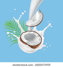 Coconut and Milk or Yogurt Splash with palm leaf on blue background. Summer tropical poster.