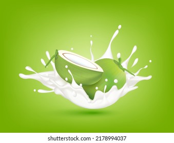 Coconut milk yogurt splashing isolated on green background. Health concept. Realistic 3d vector illustration. Can used for product design advertising beverage and food products.