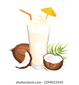 Coconut milkshake.Summer, refreshing cocktail with coconut milk, ice cream, coconut.Vector illustration isolated on a white background.