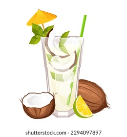 Kokosmojito.Tropischer Sommercocktail mit Kokosnuss, Kalk, Minz.Vektorgrafik.