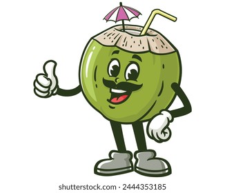 Coconut with mustache cartoon mascot illustration character vector clip art hand drawn
