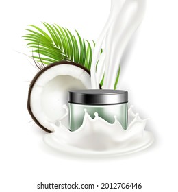 Coconut Natural Cream Cosmetic Package Vector. Crashed Coconut And Palm Green Leaves Branch, Nut Milk Splash And Blank Container With Creamy Skin Care Product. Template Realistic 3d Illustration